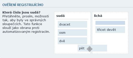 Sortable Captcha - Registrace - přetahování možností