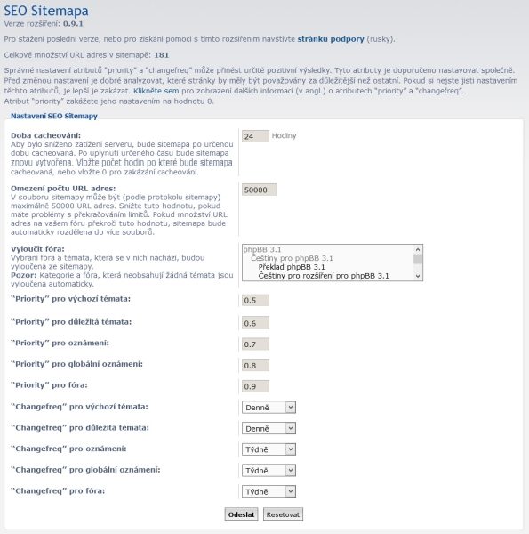 phpBB3 SEO Sitemap - Administrace