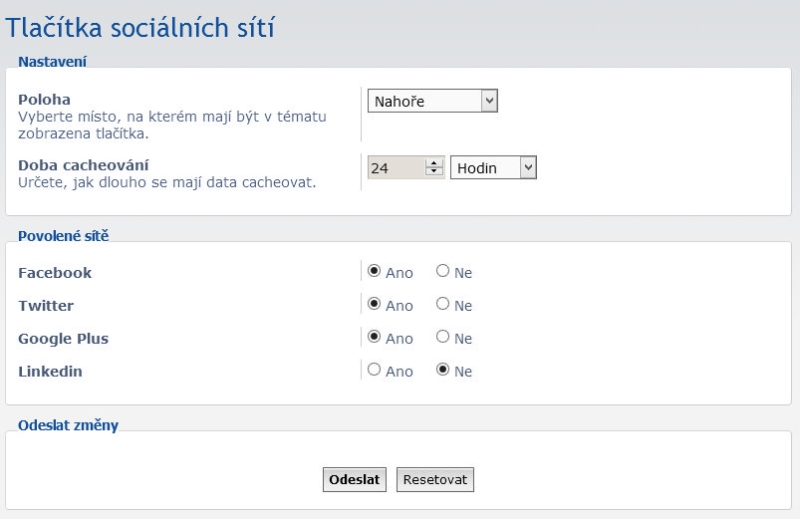 Tlačítka soc. sítí - Administrace