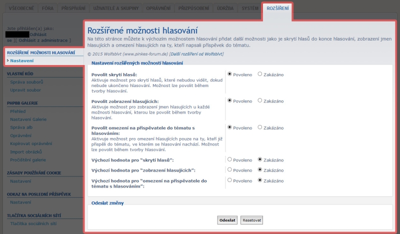 Rozšížené možnosti hlasování - Administrace