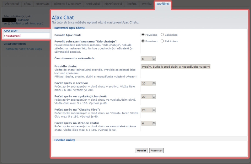 Ajax Chat - Administrace