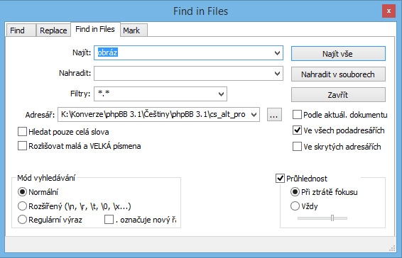 Aktualizace překladu - Notepad++ - Najít v souborech